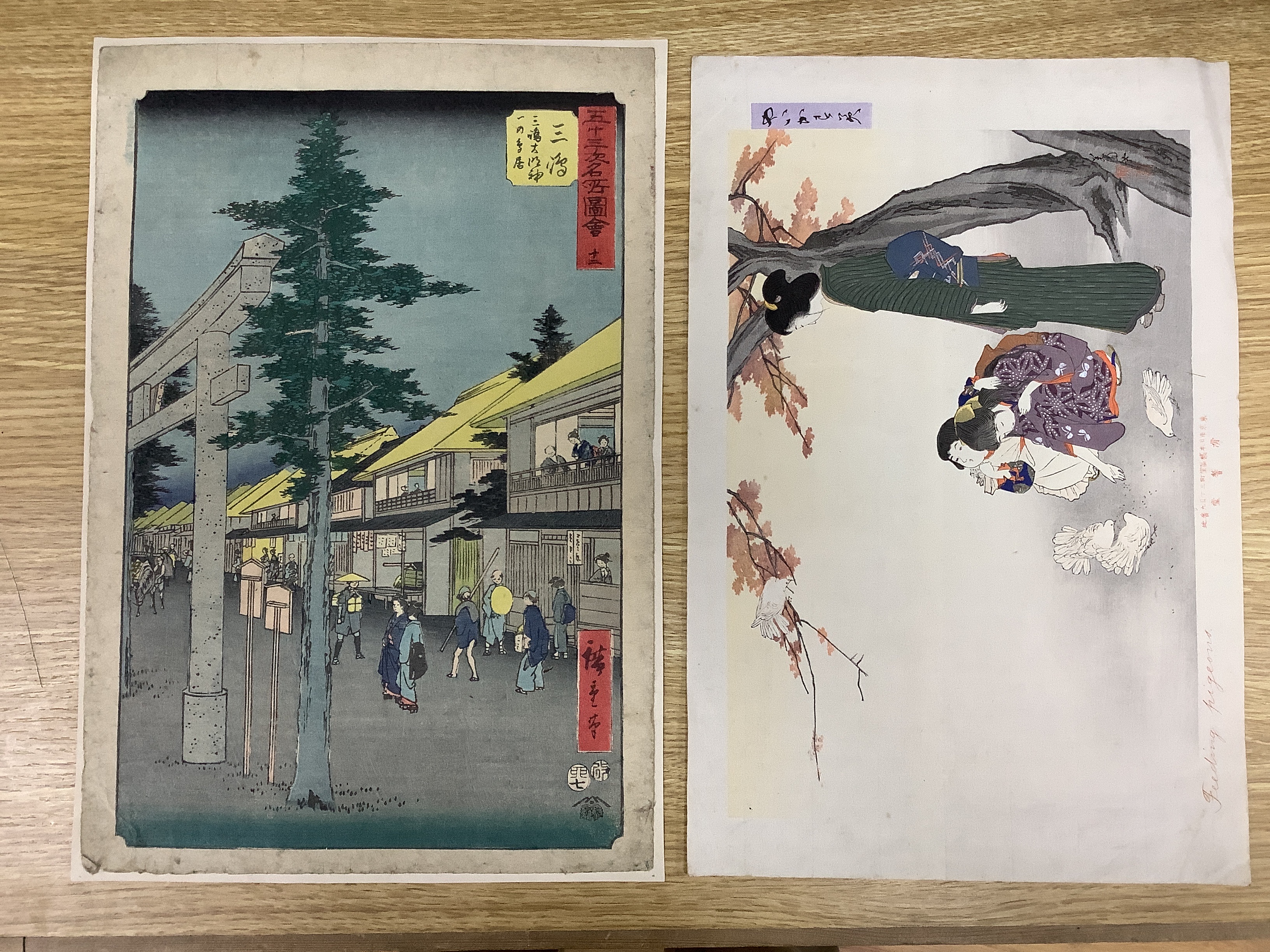 Eleven Japanese woodblock prints including one after Utagawa Kuniyoshi and one after Yanagawa Shigenobu, unframed, 37 x 25cm